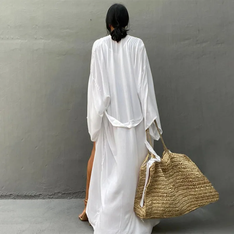 Solid Color Robe Style Beachwear Cover-Up with Belt