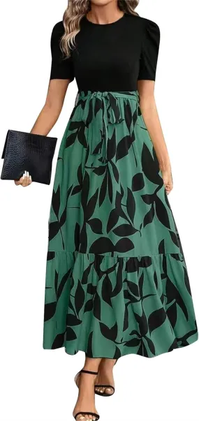 Summer Dresses for Women 2025 Floral Formal DressWrap Short Sleeve Maxi Dress Patchwork Ruffle Hem A Line Dress