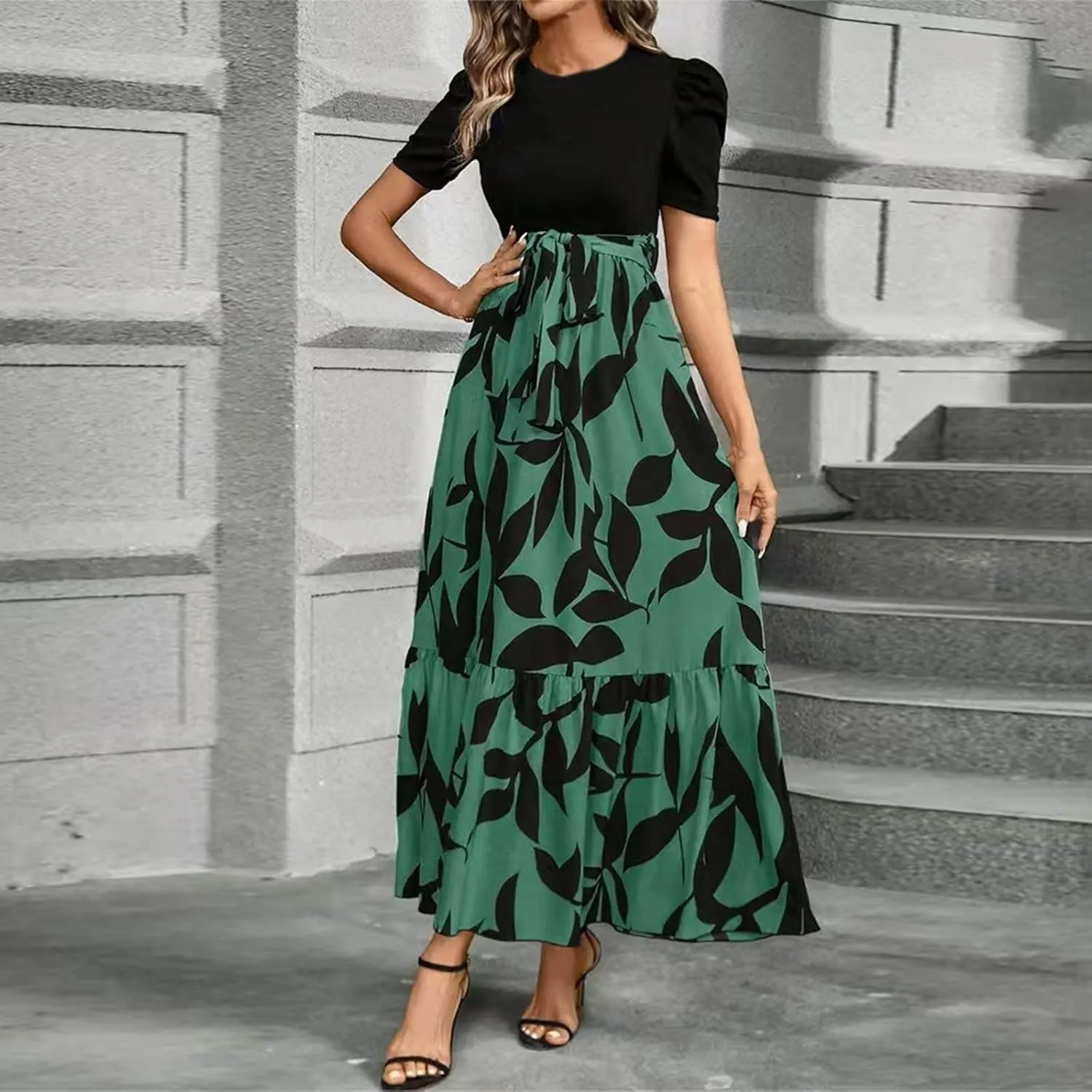 Summer Dresses for Women 2025 Floral Formal DressWrap Short Sleeve Maxi Dress Patchwork Ruffle Hem A Line Dress