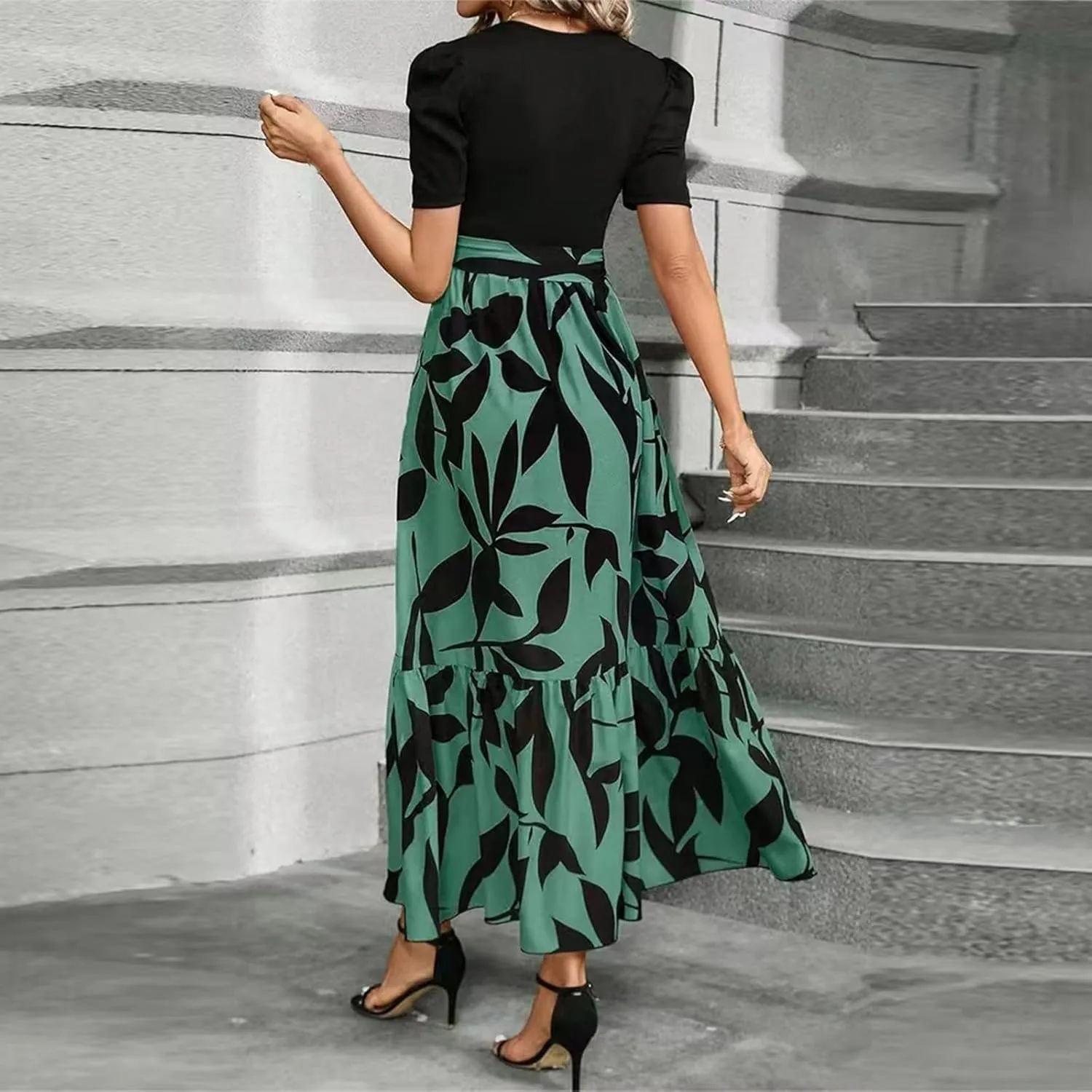 Summer Dresses for Women 2025 Floral Formal DressWrap Short Sleeve Maxi Dress Patchwork Ruffle Hem A Line Dress