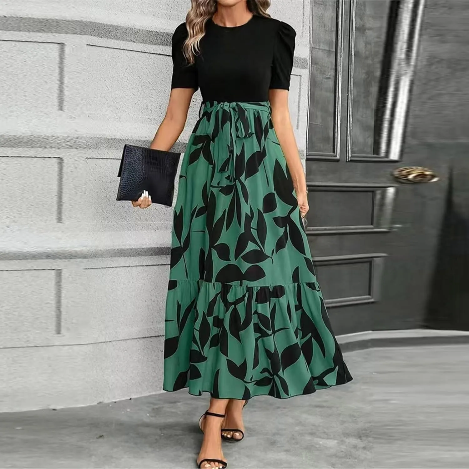 Summer Dresses for Women 2025 Floral Formal DressWrap Short Sleeve Maxi Dress Patchwork Ruffle Hem A Line Dress