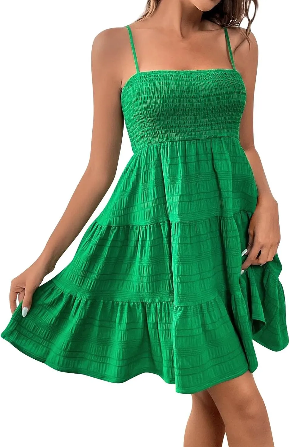 Summer Dresses for Women Sleeveless Mini Dress Spaghetti Strap Ruffle Hem Sundress Tiered Elastic Textured Dress