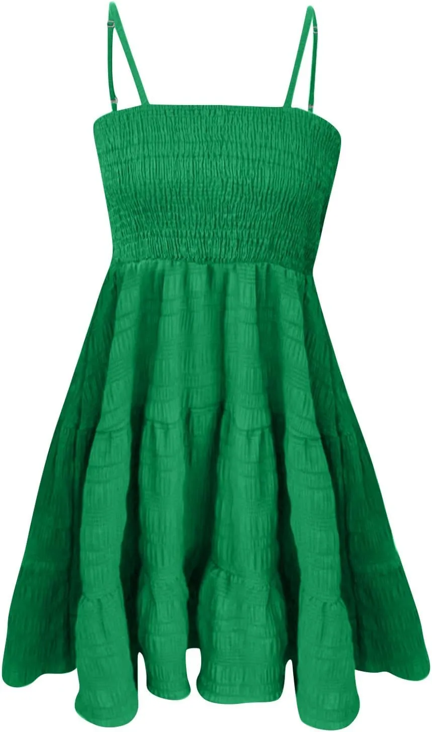 Summer Dresses for Women Sleeveless Mini Dress Spaghetti Strap Ruffle Hem Sundress Tiered Elastic Textured Dress