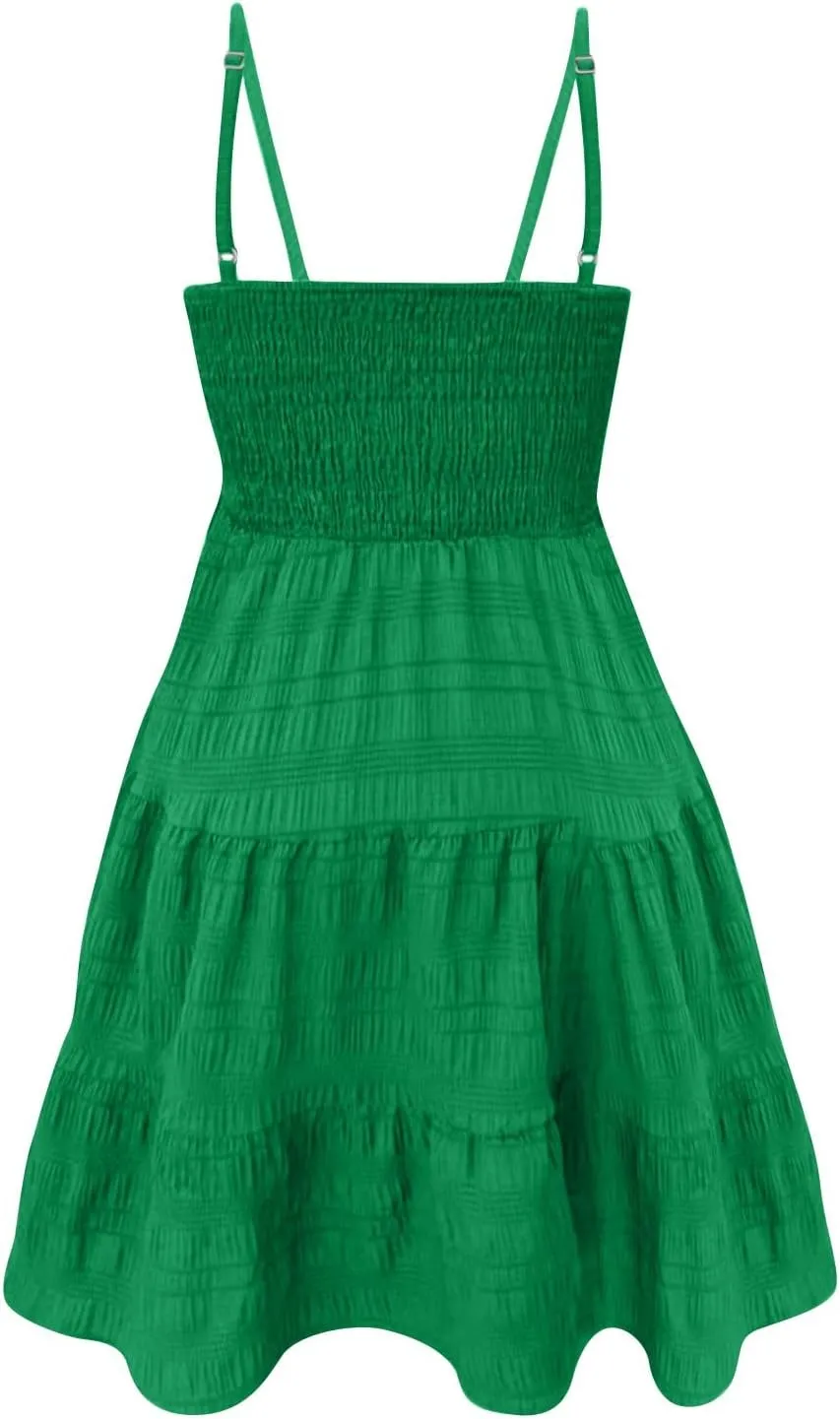 Summer Dresses for Women Sleeveless Mini Dress Spaghetti Strap Ruffle Hem Sundress Tiered Elastic Textured Dress