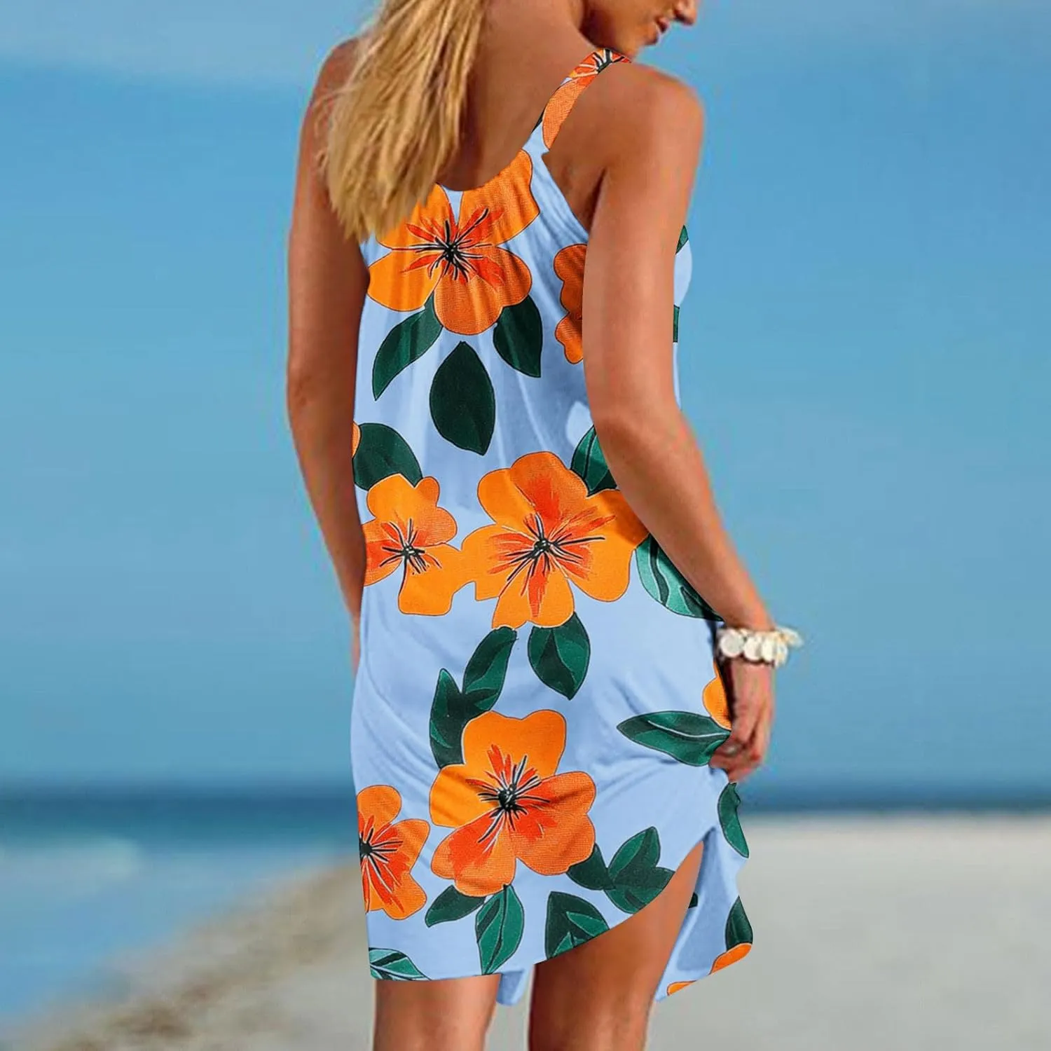 Summer Fashion Print Beach Short Dress for Women, Sleeveless Strappy Sundress Comfy Breathable Trendy Clothes
