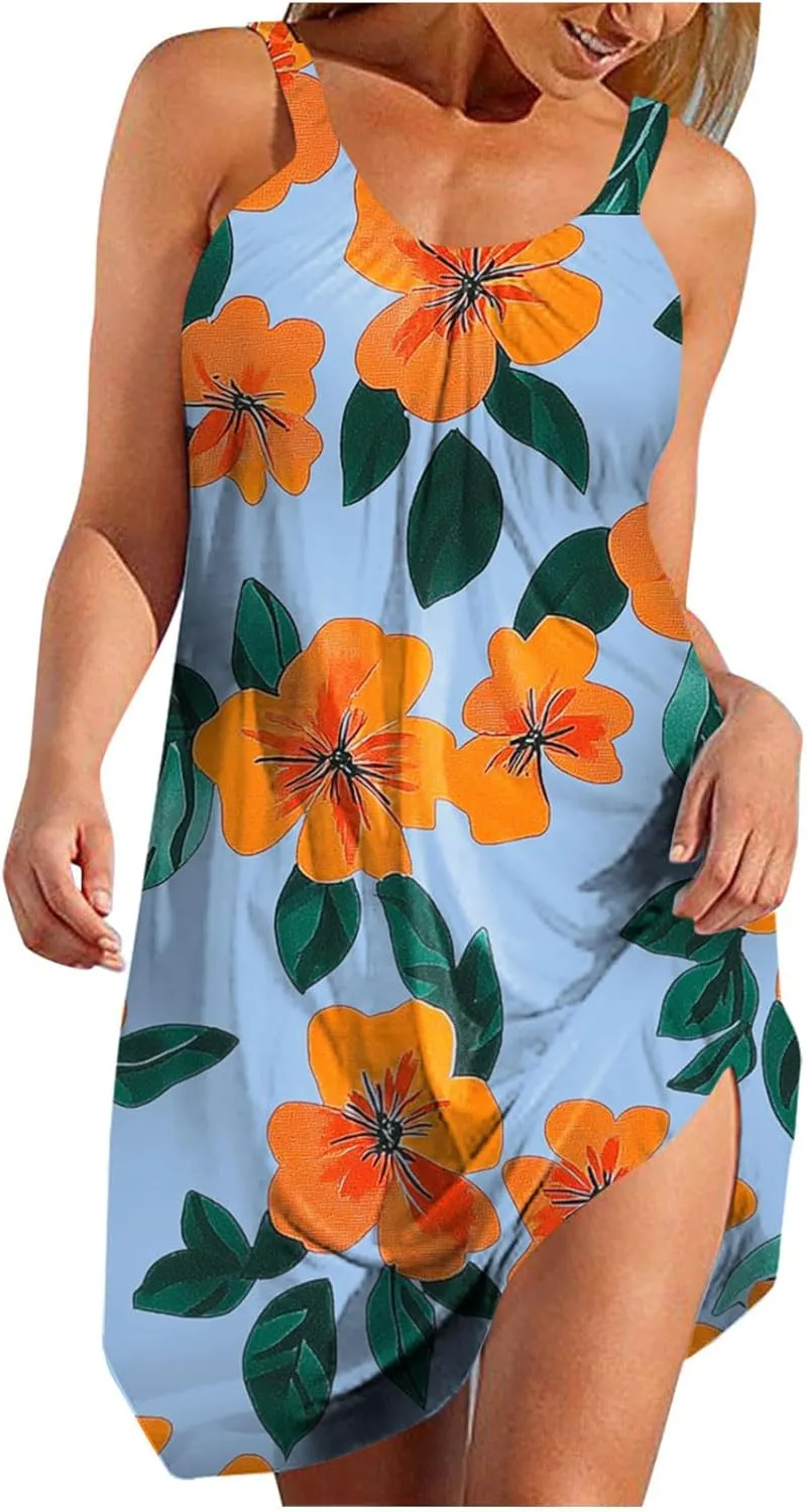 Summer Fashion Print Beach Short Dress for Women, Sleeveless Strappy Sundress Comfy Breathable Trendy Clothes