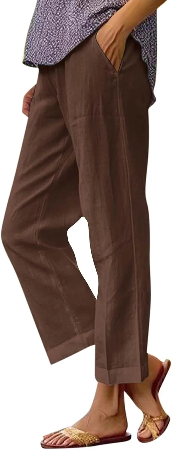 Summer Pants for Women 2024 Casual Dressy Linen Beach Drawstring Capri Crop Pants 2024 Elastic Waist Crop Trousers