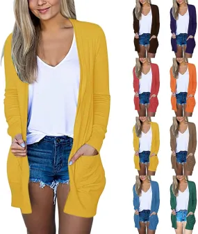 Summer Women's Long Sleeve Open Front Cardigan Casual Loose Lightweight Tops with Pockets