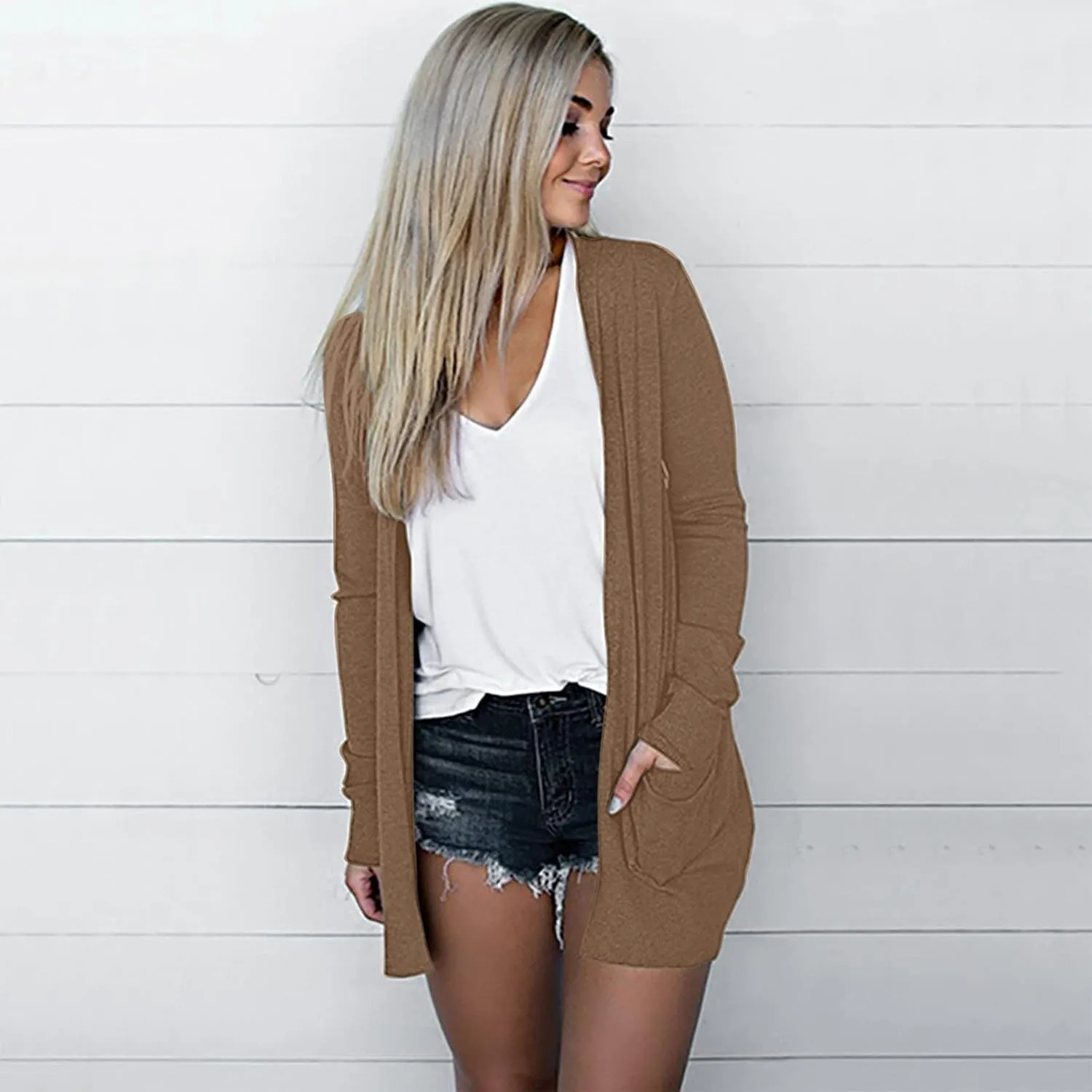 Summer Women's Long Sleeve Open Front Cardigan Casual Loose Lightweight Tops with Pockets