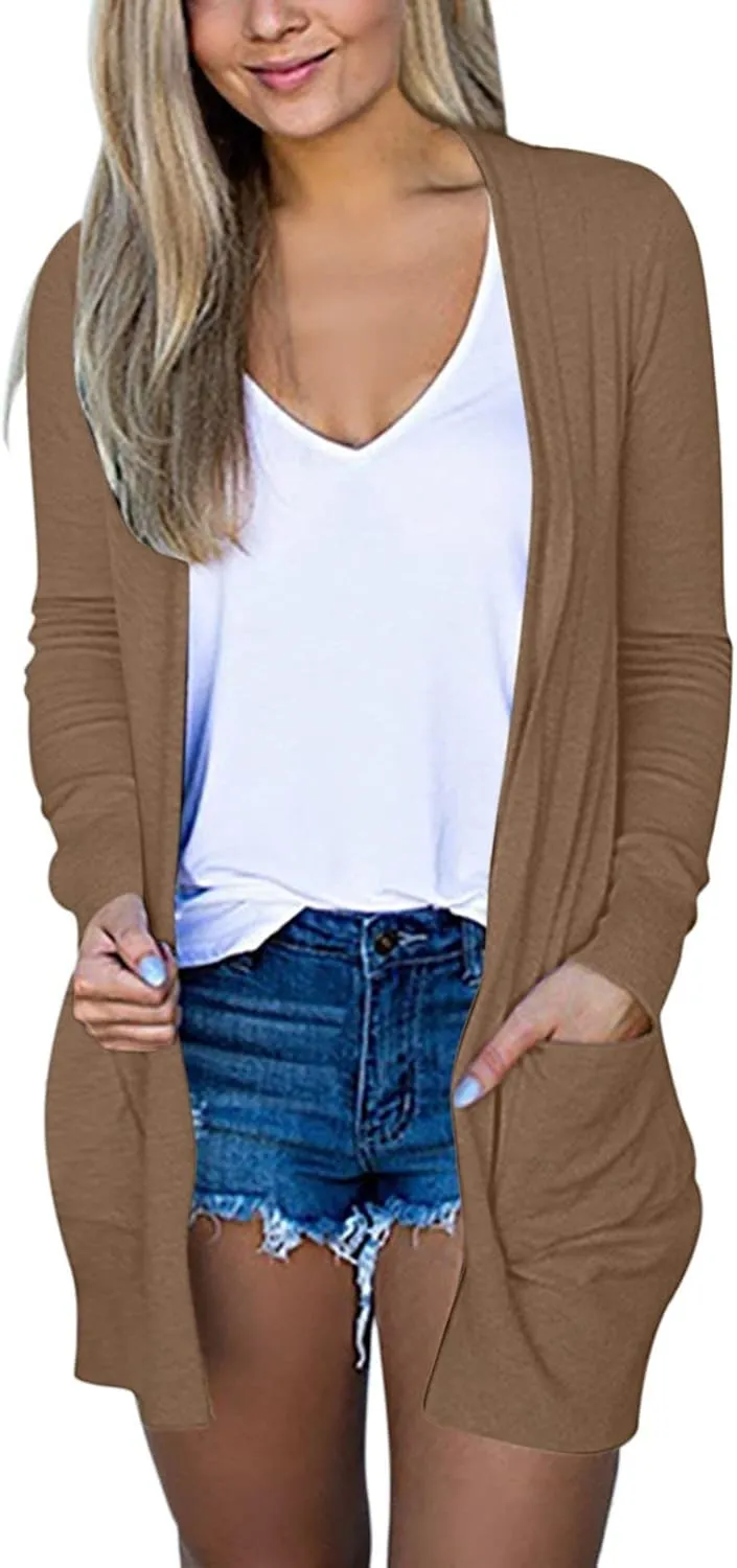 Summer Women's Long Sleeve Open Front Cardigan Casual Loose Lightweight Tops with Pockets