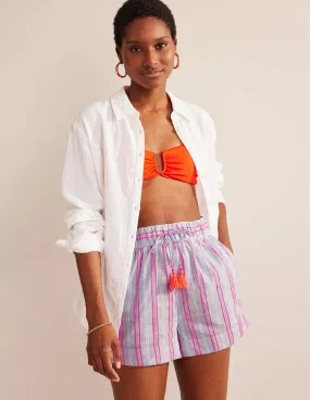 Tie Waist Striped Shorts-Blue and Watermelon Stripe