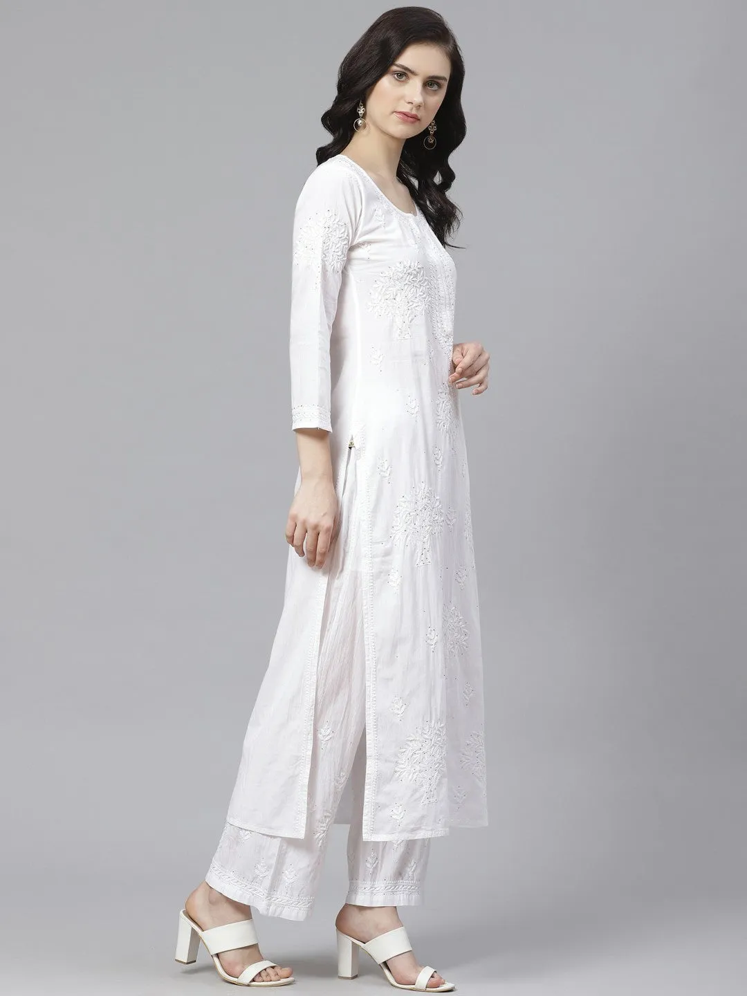 White Chikankari Kurta Set With Muqaish Work