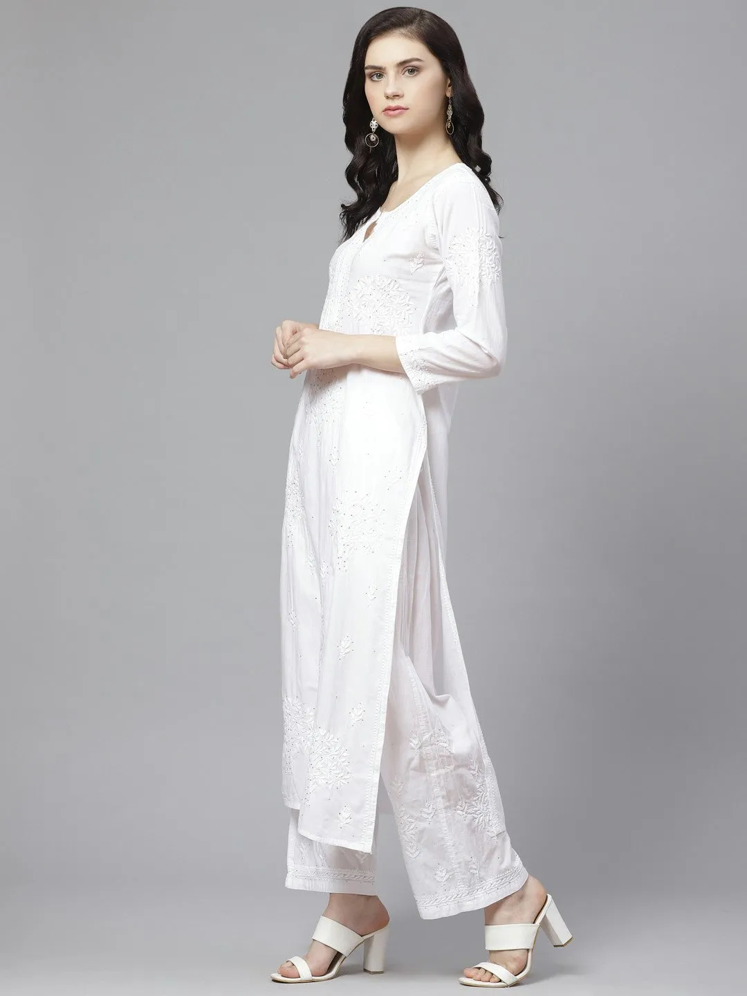 White Chikankari Kurta Set With Muqaish Work