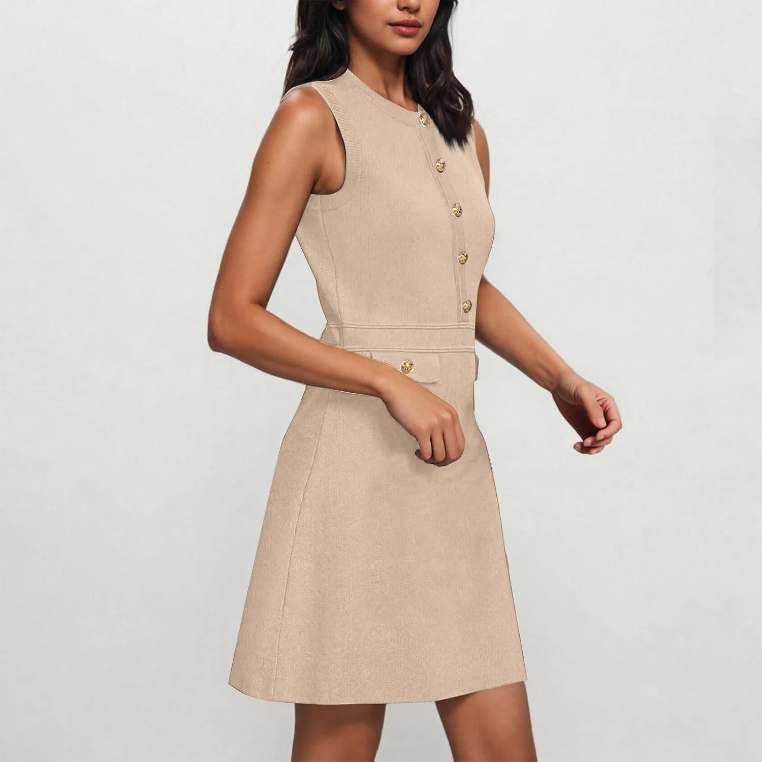Women Casual Summer Dresses Sleeveless Elegant Midi Dress Decorative Button Ribbed Knitted Sundress Party Cocktail