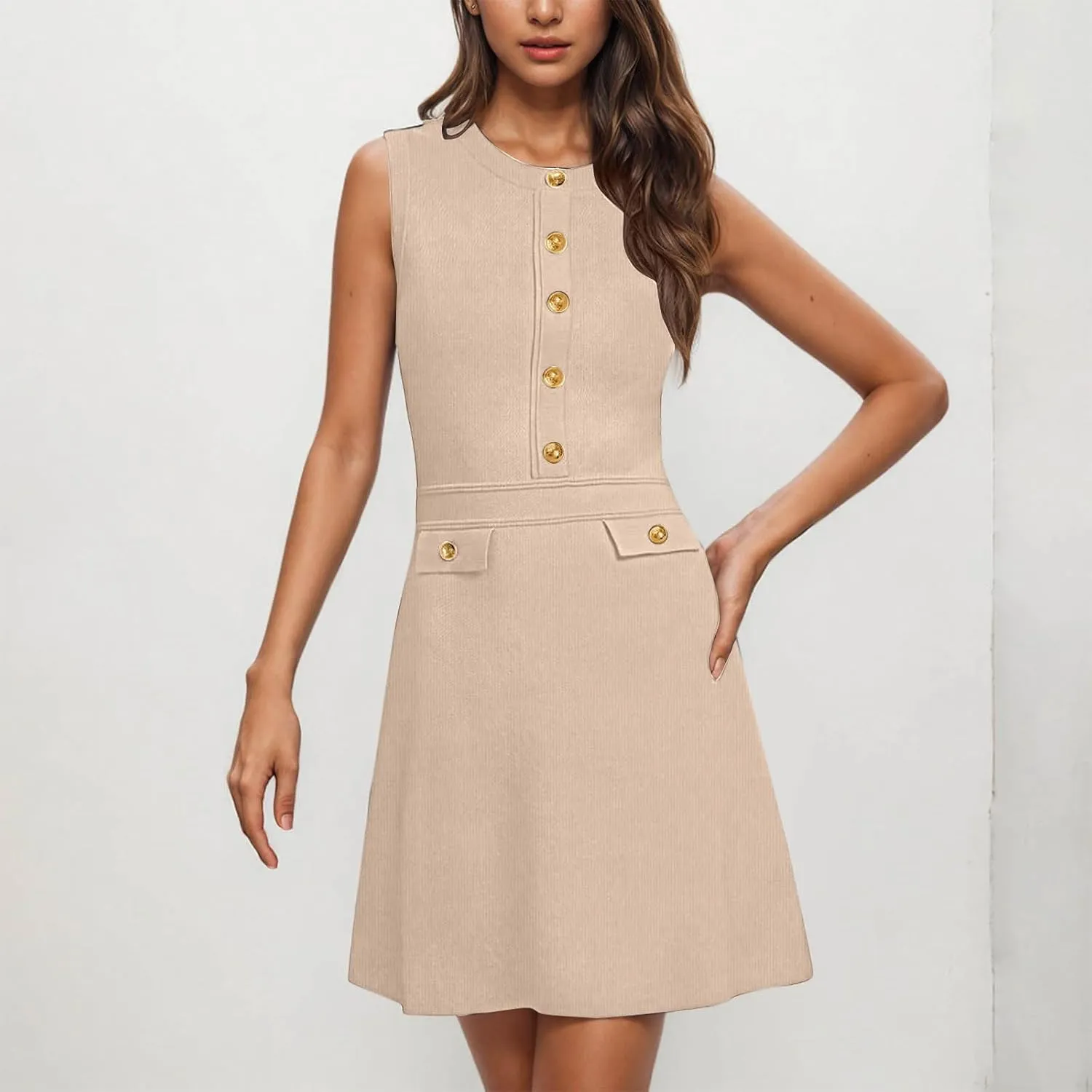 Women Casual Summer Dresses Sleeveless Elegant Midi Dress Decorative Button Ribbed Knitted Sundress Party Cocktail