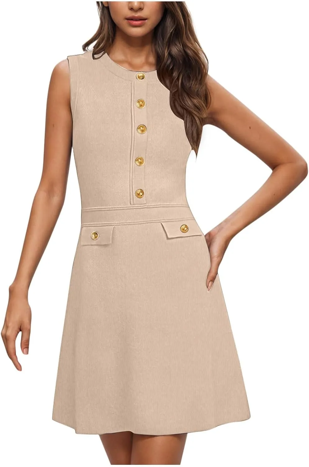 Women Casual Summer Dresses Sleeveless Elegant Midi Dress Decorative Button Ribbed Knitted Sundress Party Cocktail