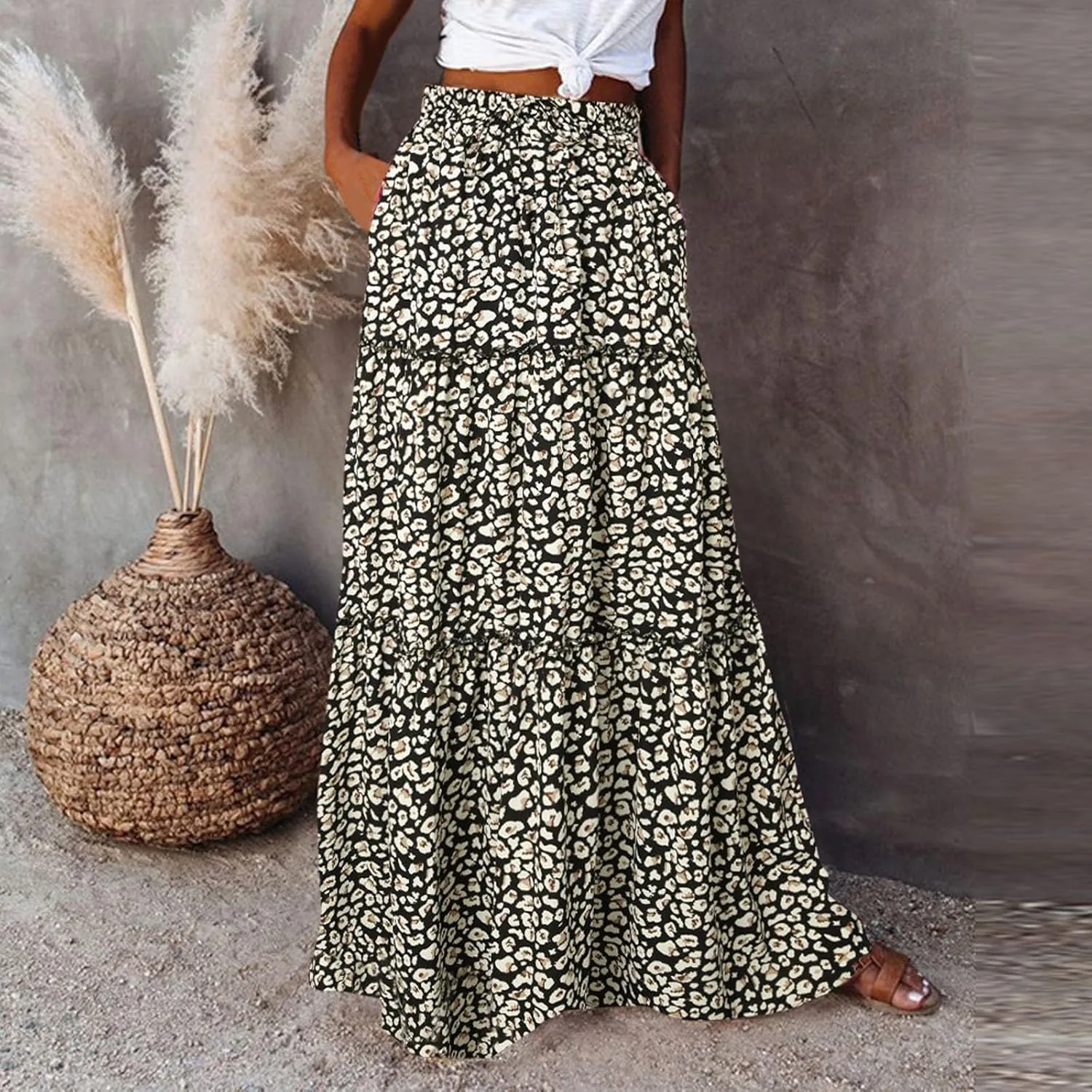 Women Casual Summer Flowy Long Skirts Boho Floral Elastic High Waist Tiered Pleated Beach Maxi Skirt