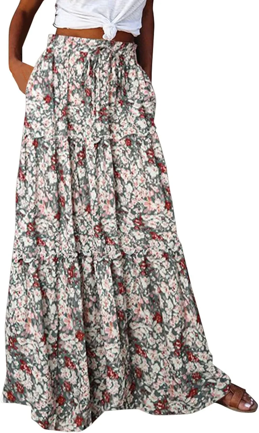 Women Casual Summer Flowy Long Skirts Boho Floral Elastic High Waist Tiered Pleated Beach Maxi Skirt