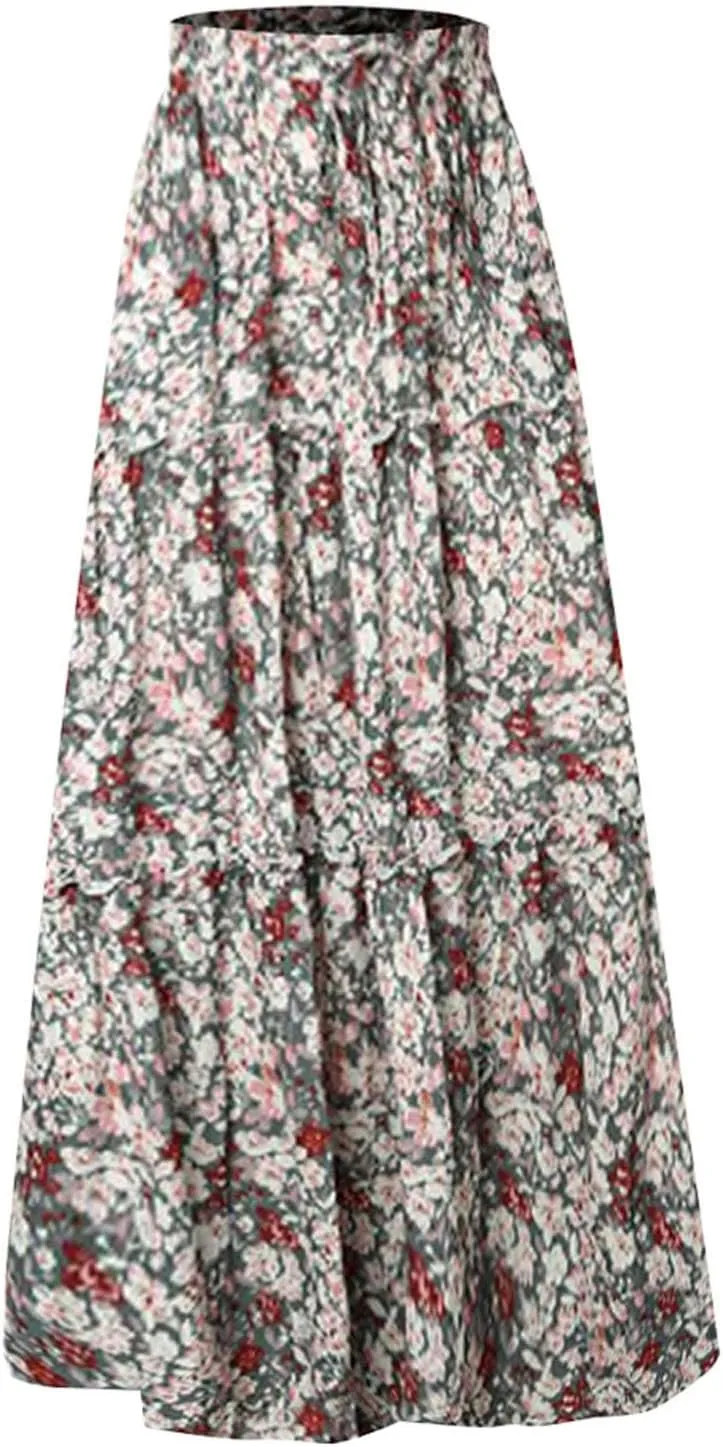 Women Casual Summer Flowy Long Skirts Boho Floral Elastic High Waist Tiered Pleated Beach Maxi Skirt
