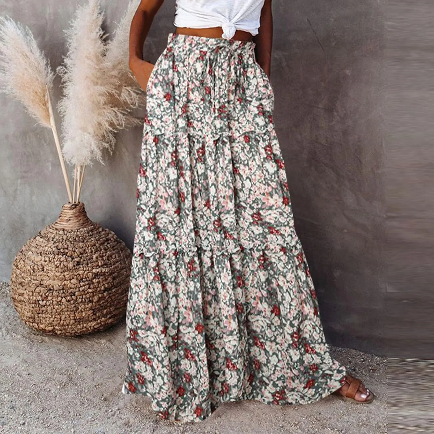 Women Casual Summer Flowy Long Skirts Boho Floral Elastic High Waist Tiered Pleated Beach Maxi Skirt
