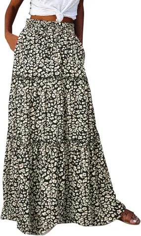 Women Casual Summer Flowy Long Skirts Boho Floral Elastic High Waist Tiered Pleated Beach Maxi Skirt