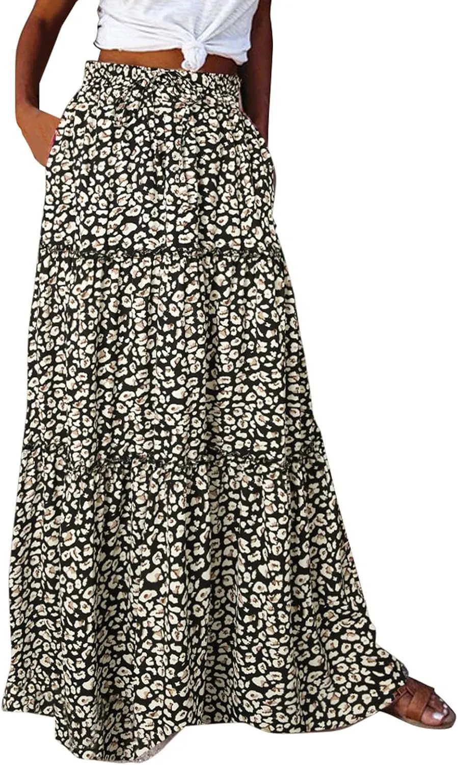 Women Casual Summer Flowy Long Skirts Boho Floral Elastic High Waist Tiered Pleated Beach Maxi Skirt