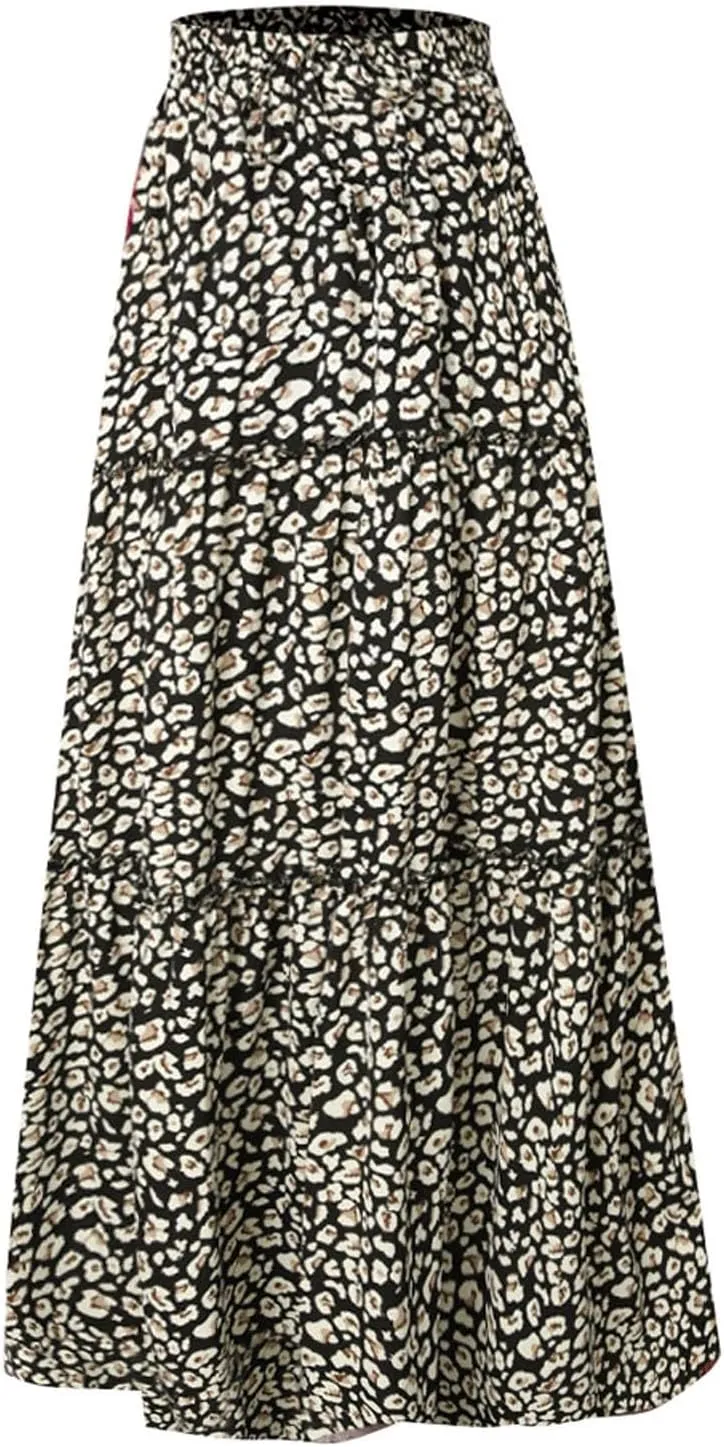 Women Casual Summer Flowy Long Skirts Boho Floral Elastic High Waist Tiered Pleated Beach Maxi Skirt