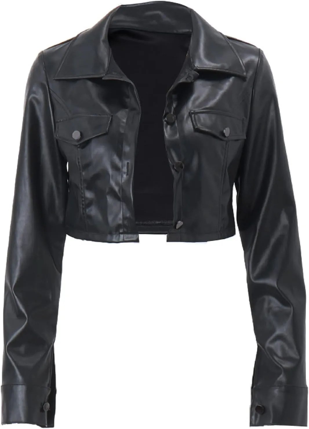 Women Crop Faux Leather Jacket Casual Long Sleeve Motorcycle Jacket Button Down Crop Leather Jacket Fall Outwear Coat