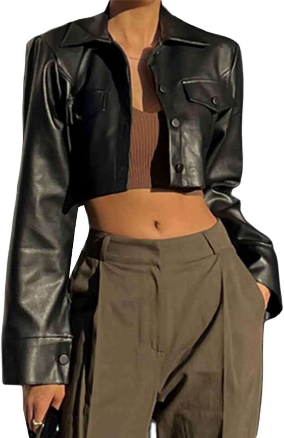 Women Crop Faux Leather Jacket Casual Long Sleeve Motorcycle Jacket Button Down Crop Leather Jacket Fall Outwear Coat