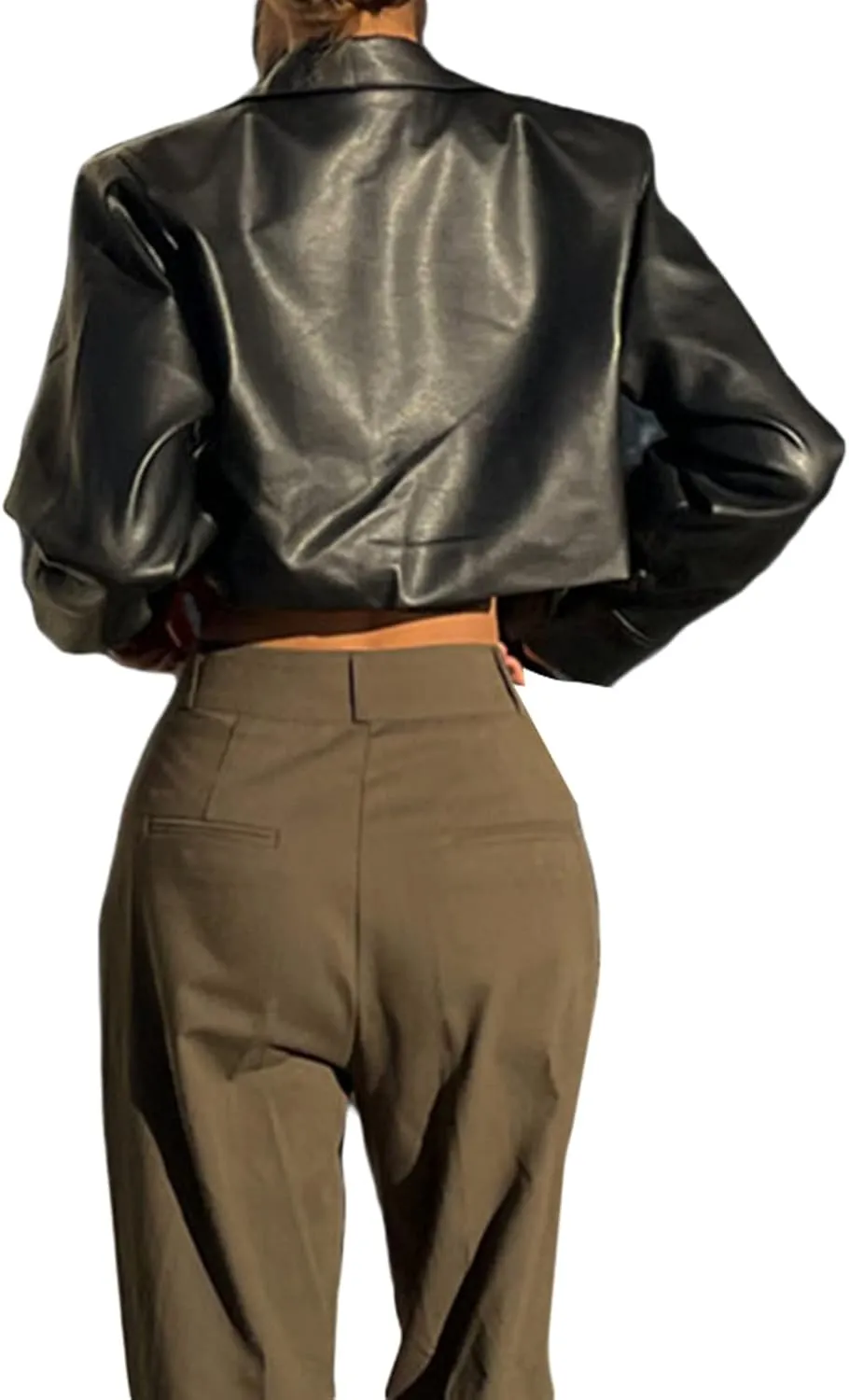 Women Crop Faux Leather Jacket Casual Long Sleeve Motorcycle Jacket Button Down Crop Leather Jacket Fall Outwear Coat