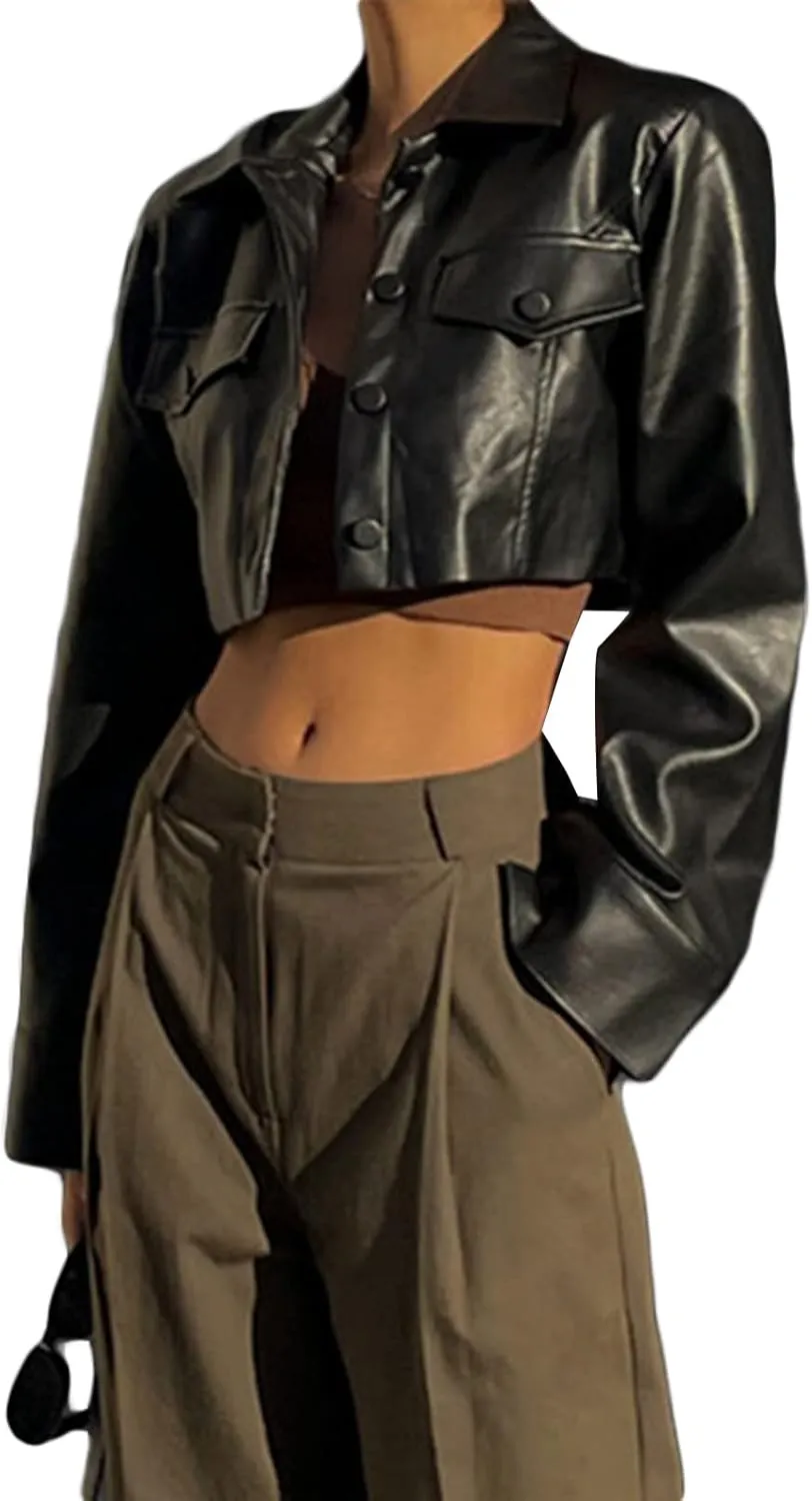 Women Crop Faux Leather Jacket Casual Long Sleeve Motorcycle Jacket Button Down Crop Leather Jacket Fall Outwear Coat