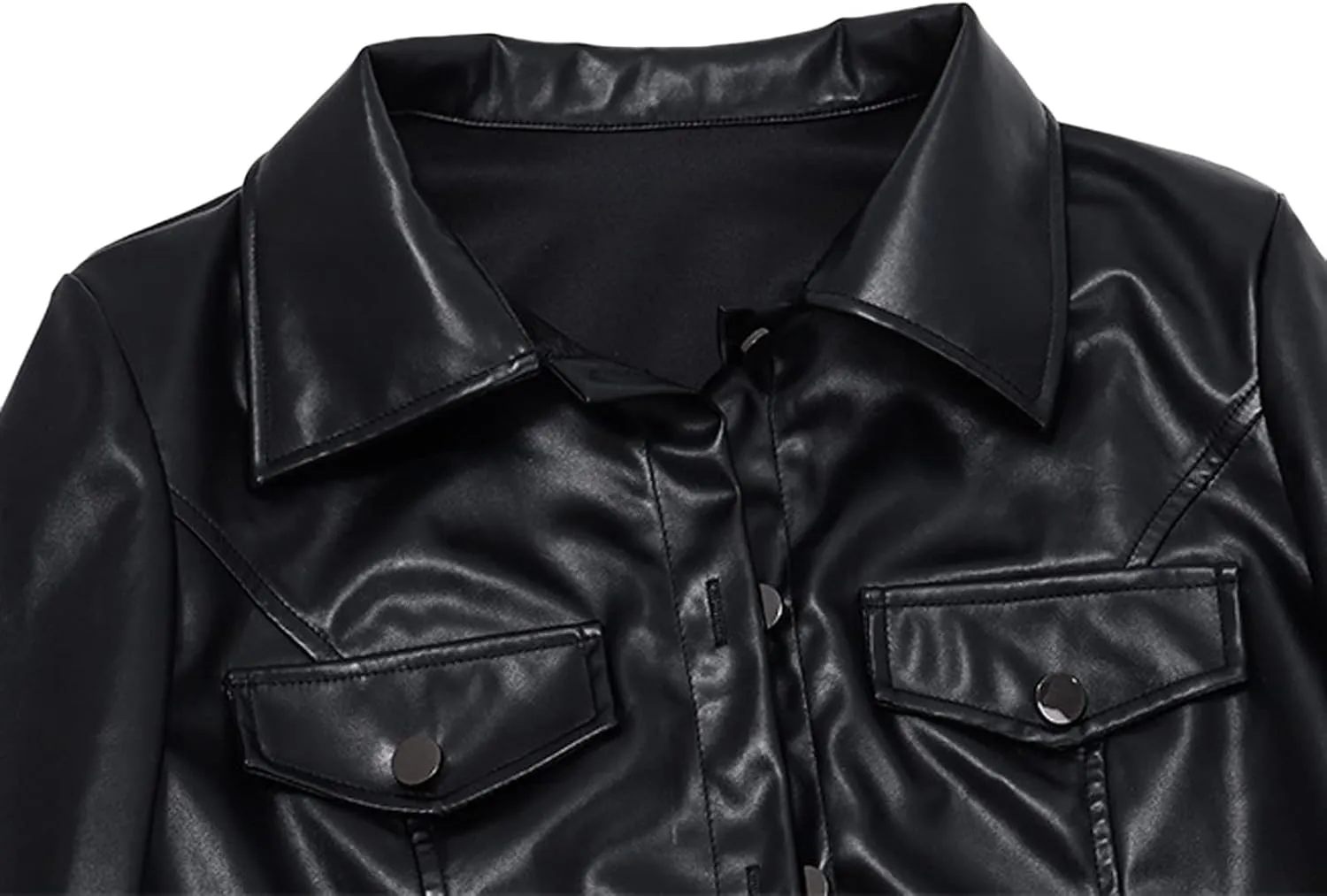 Women Crop Faux Leather Jacket Casual Long Sleeve Motorcycle Jacket Button Down Crop Leather Jacket Fall Outwear Coat