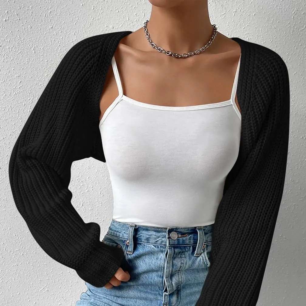Women Open Front Ribbed Knit Crop Bolero Drop Shoulder Long Sleeve Solid Loose Fit Knitted Crop Cardigan Shrug