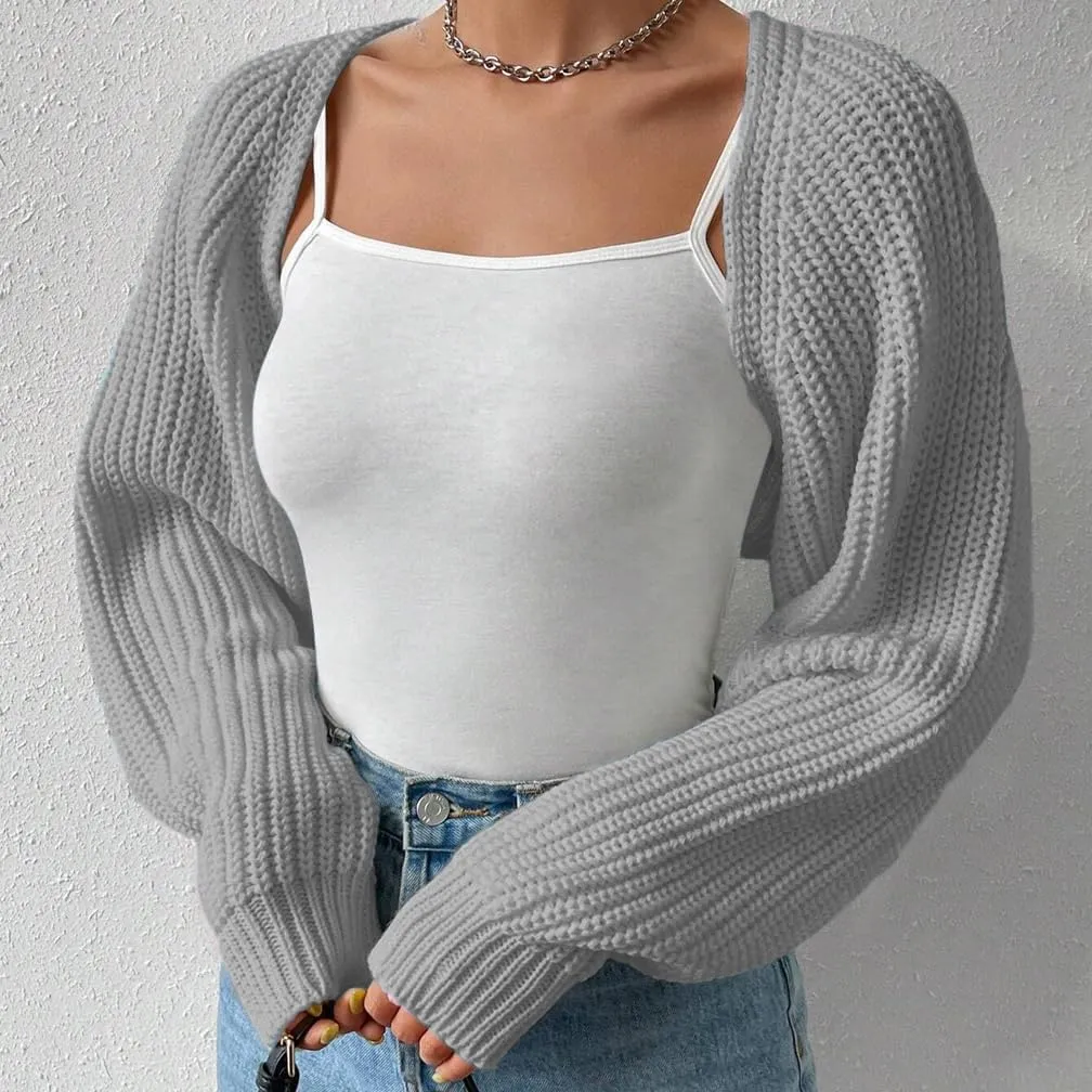 Women Open Front Ribbed Knit Crop Bolero Drop Shoulder Long Sleeve Solid Loose Fit Knitted Crop Cardigan Shrug