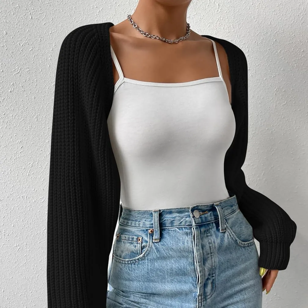 Women Open Front Ribbed Knit Crop Bolero Drop Shoulder Long Sleeve Solid Loose Fit Knitted Crop Cardigan Shrug