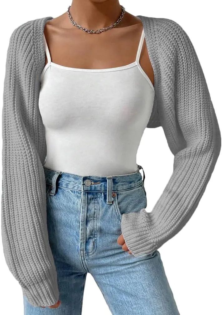 Women Open Front Ribbed Knit Crop Bolero Drop Shoulder Long Sleeve Solid Loose Fit Knitted Crop Cardigan Shrug