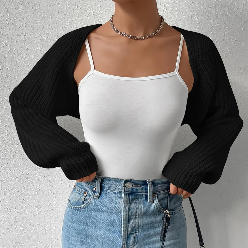 Women Open Front Ribbed Knit Crop Bolero Drop Shoulder Long Sleeve Solid Loose Fit Knitted Crop Cardigan Shrug