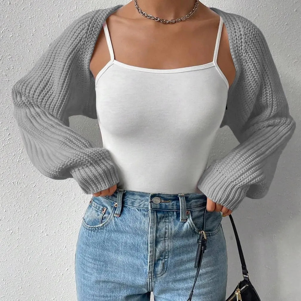 Women Open Front Ribbed Knit Crop Bolero Drop Shoulder Long Sleeve Solid Loose Fit Knitted Crop Cardigan Shrug