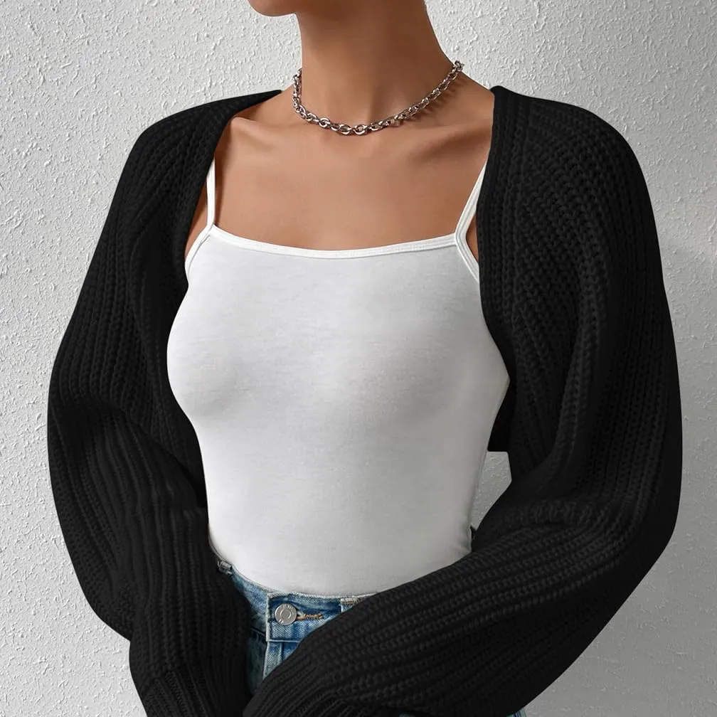 Women Open Front Ribbed Knit Crop Bolero Drop Shoulder Long Sleeve Solid Loose Fit Knitted Crop Cardigan Shrug