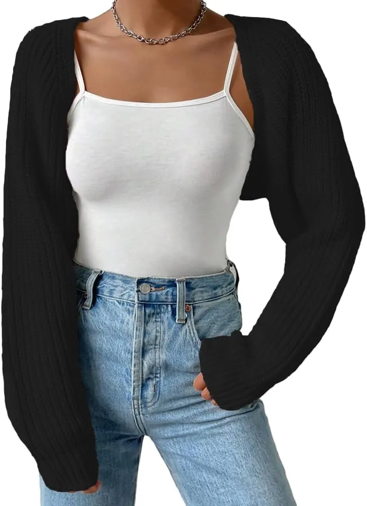Women Open Front Ribbed Knit Crop Bolero Drop Shoulder Long Sleeve Solid Loose Fit Knitted Crop Cardigan Shrug
