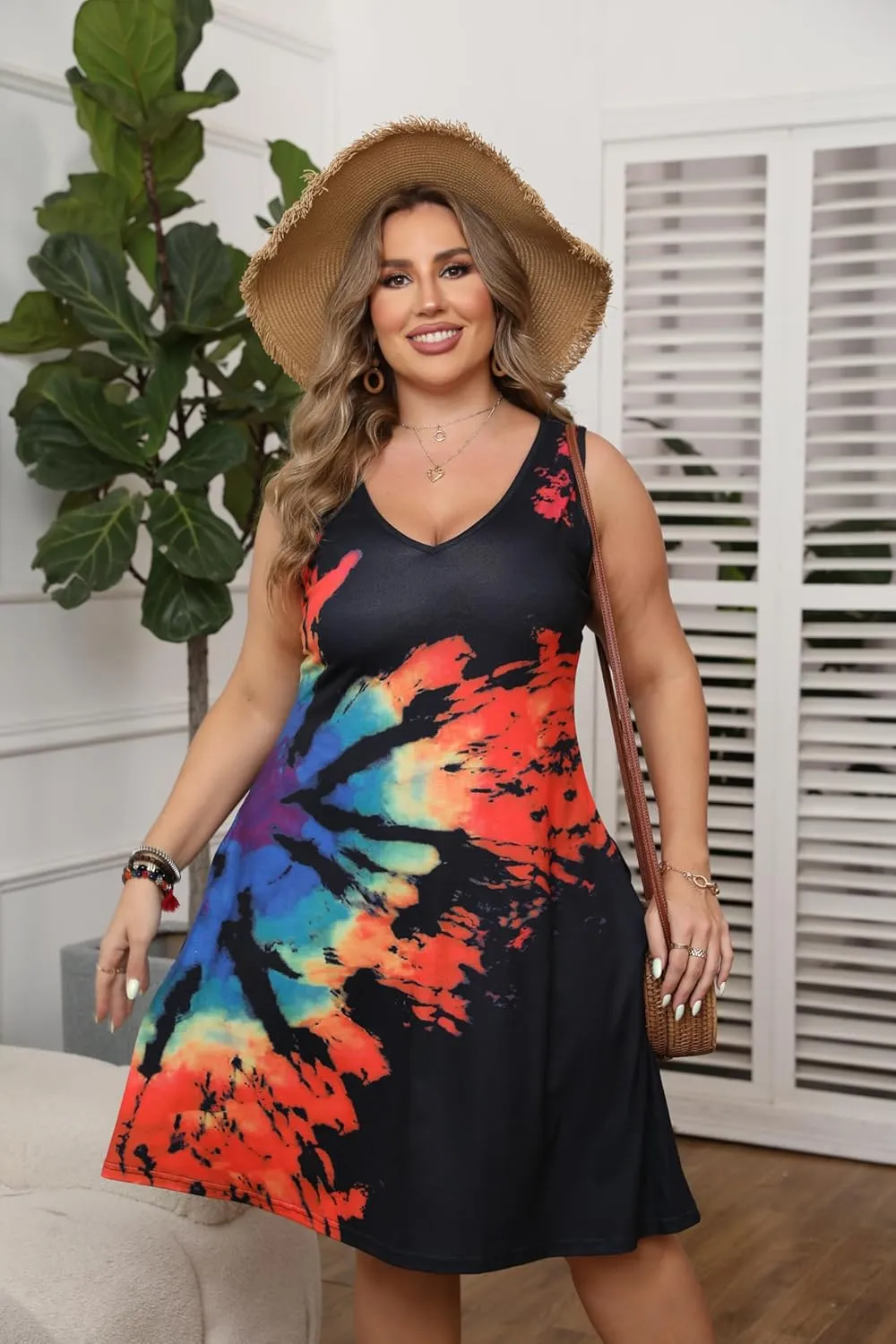 Women Plus Size V Neck Sleeveless Floral Print Pocket T Shirt Dresses Casual Midi Tank Dress Beach Cover up Sundress (XL-5X)