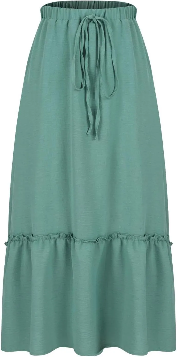 Women Ruched Ruffle Skirts Midi Length Summer Beach Half Dress Casual Vacation Skirt Trendy Cruise Clothes