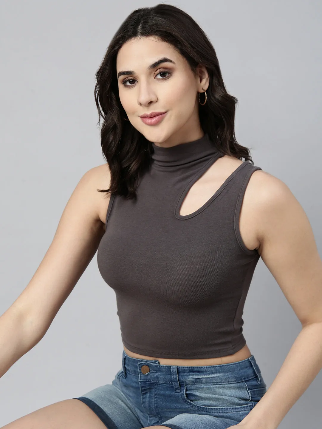 Women Solid Grey Tank Crop Top