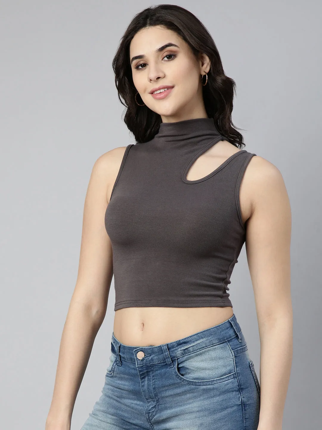 Women Solid Grey Tank Crop Top