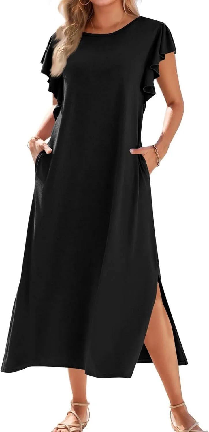 Women Summer Casual Ruffle Sleeve Loose Sundress Round Neck Split Long Maxi Beach Dress with Pockets