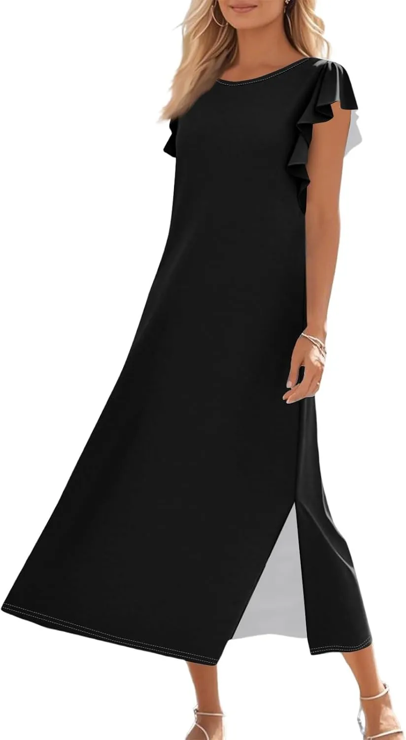 Women Summer Casual Ruffle Sleeve Loose Sundress Round Neck Split Long Maxi Beach Dress with Pockets