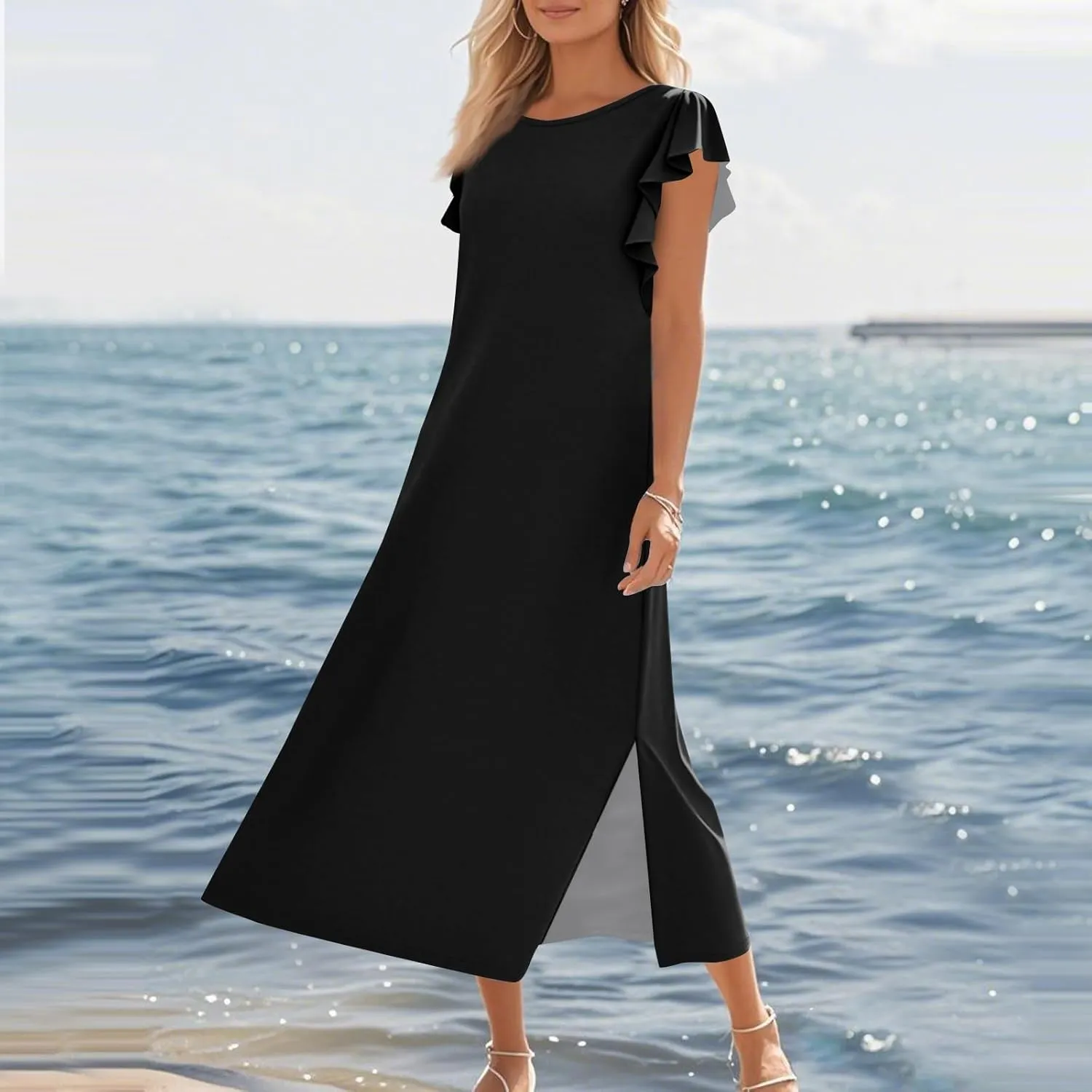 Women Summer Casual Ruffle Sleeve Loose Sundress Round Neck Split Long Maxi Beach Dress with Pockets