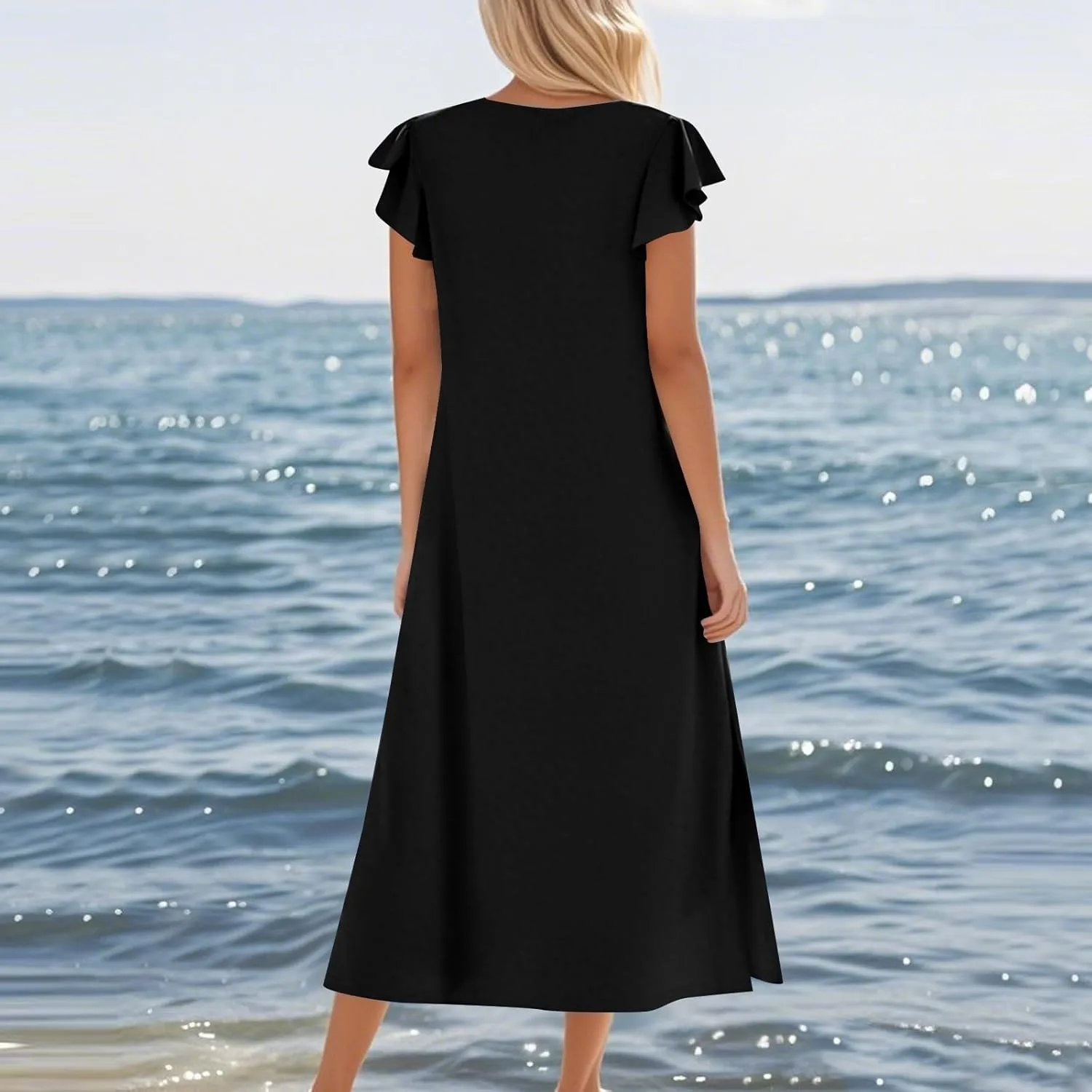 Women Summer Casual Ruffle Sleeve Loose Sundress Round Neck Split Long Maxi Beach Dress with Pockets