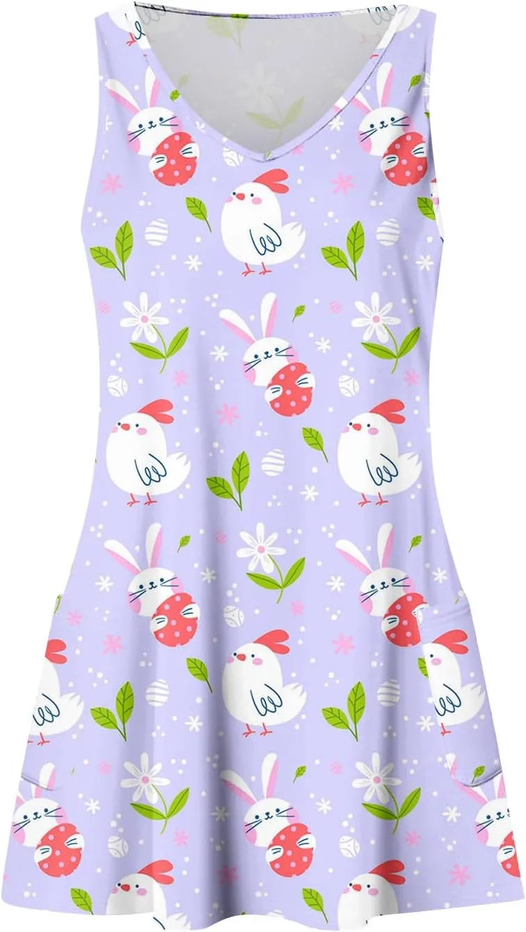 Women Summer Dresses 2025 Beach Swimsuit Coverup Printed V Neck Dress with Pocket Vacation Sleeveless Sundress