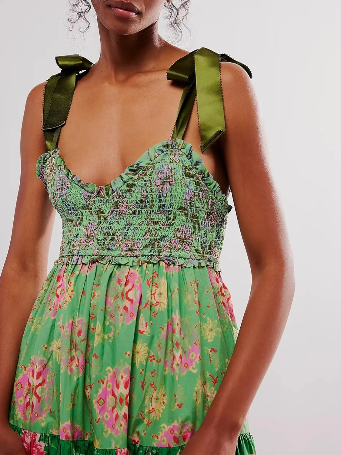 Women Summer Floral Spaghetti Strap Dress Flowy Smocked Tie Up Shoulder Boho Maxi Flowy Swing Dress Y2K Beach Sundress